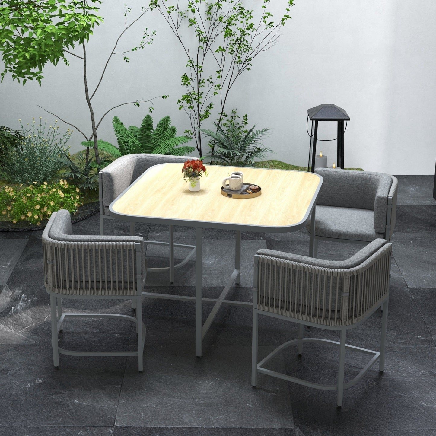 Outsunny 5 Pieces PE Rattan Dining Set With Cushions, Space Saving Design Cube Garden Furniture With Stone Composite Board Top - Grey