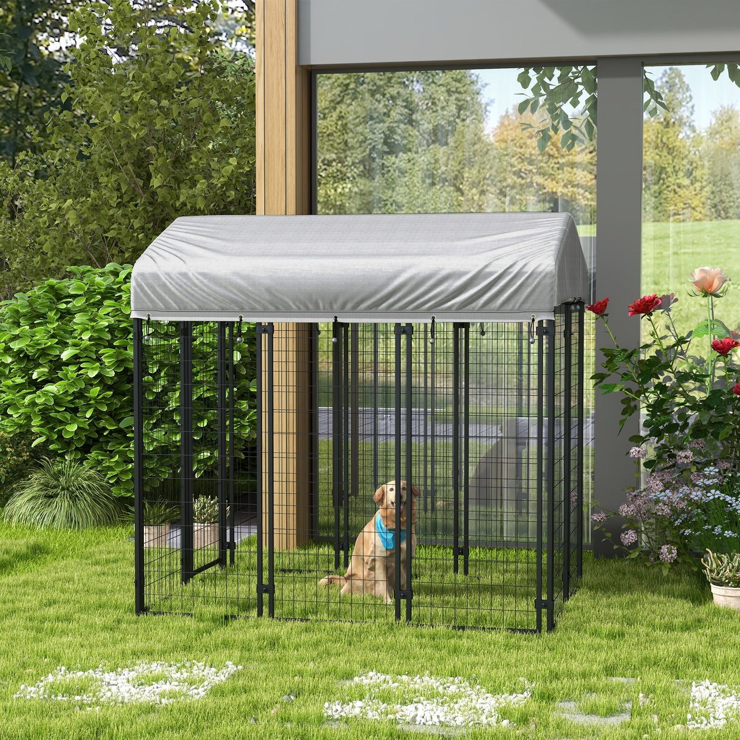 PawHut Outdoor Dog Kennel, Metal Dog Run, with Canopy, 183 x 121 x 183cm