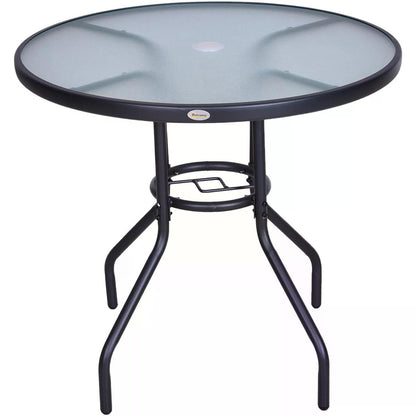 Outsunny Outdoor _80cm Round Dining Table Tempered Glass Top Steel Frame Bistro Coffee End Side Table Garden w/ Parasol Hole