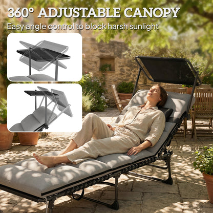 Outsunny Folding Sun Lounger with Canopy, Reclining Sunbed with Cushion, Side Pocket, Carrying Handle, Light Grey