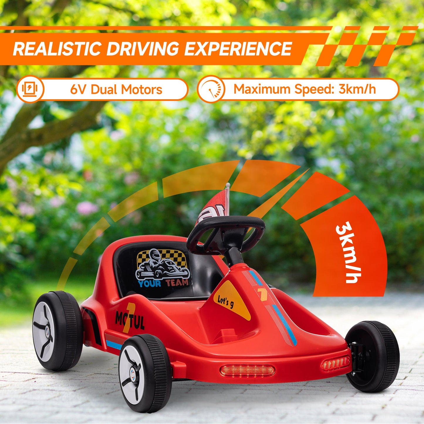 AIYAPLAY 6V Elektryczny Go Kart dla Dzieci z Muzyką, Światłem, Klaksonem, dla 3-5 Lat, Czerwony