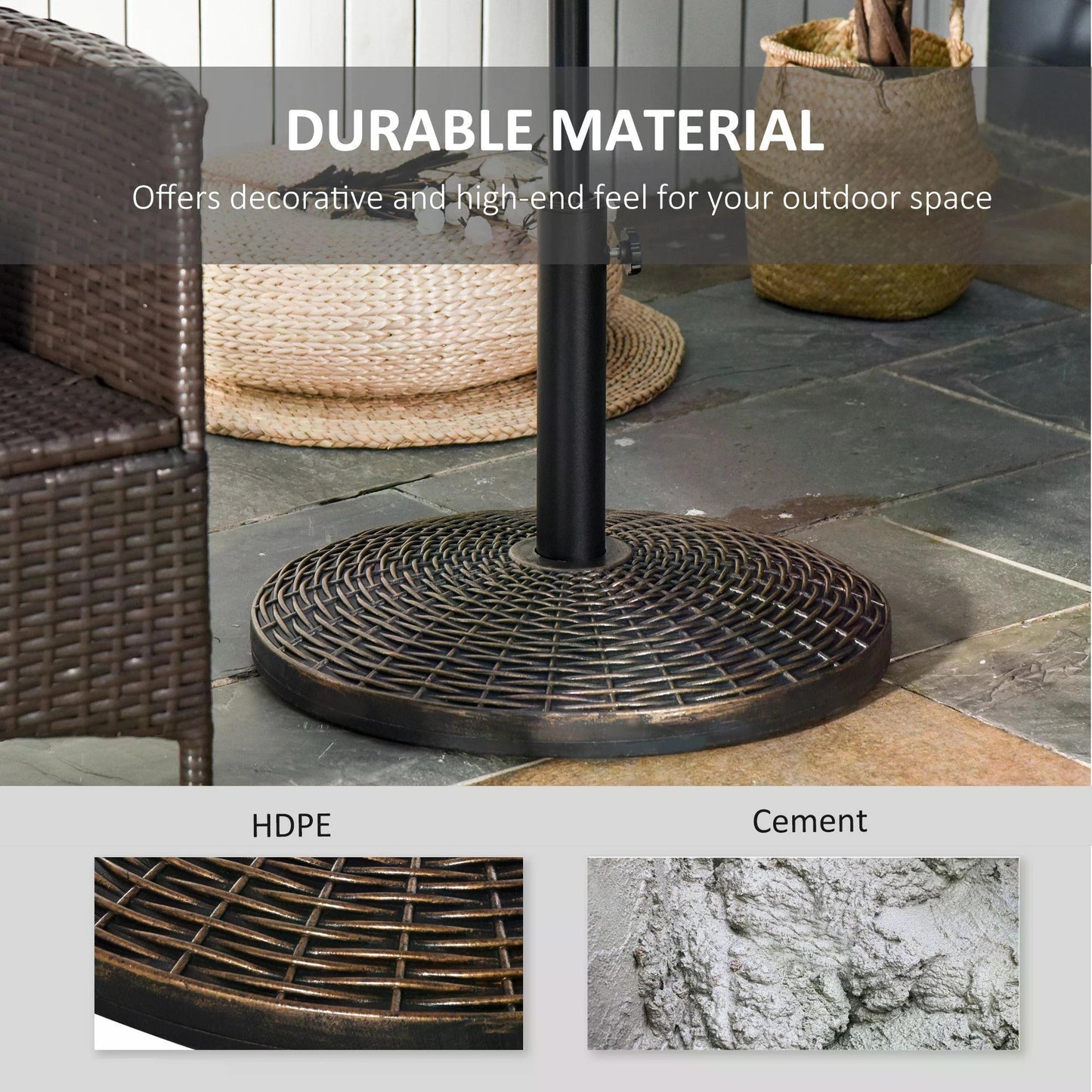 Outsunny 25kg Round Cement Parasol Base Concrete Umbrella Weight Stand Holder Patio Outdoor Garden Rattan Style Pattern Antique Bronze