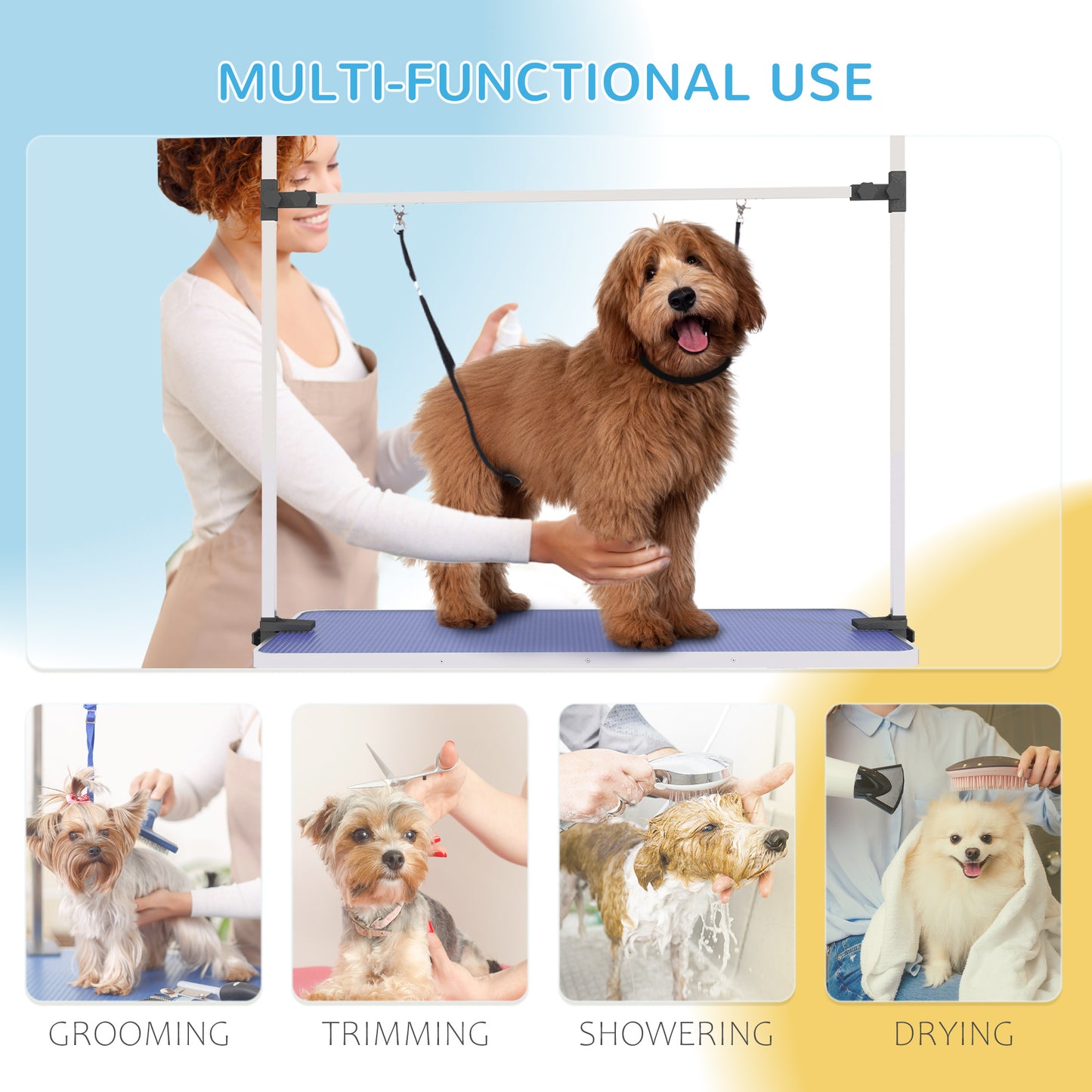 PawHut 42" Dog Grooming Table, Adjustable Pet Cat Drying Beauty Table with 2 Loops Storage Basket, Rubber Top, Blue