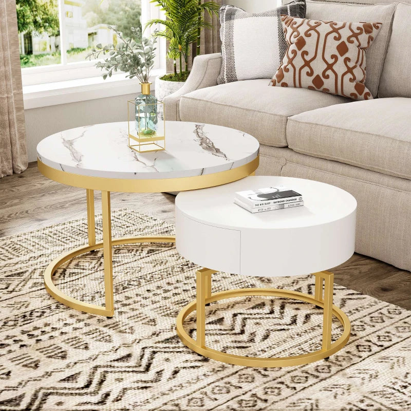 Rotating Round Marble Coffee Table Set, High Gloss Pattern with Golden Metal Frame, Set of 2, 70x70x45 cm + 50x50x38.5 cm, White