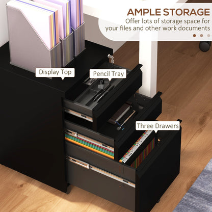 Vinsetto 3-Drawer Mobile Filing Cabinet on Wheels w/ Pencil Tray, Steel Lockable File Cabinet w/ Adjustable Hanging Bar for A4, Legal Size, Black