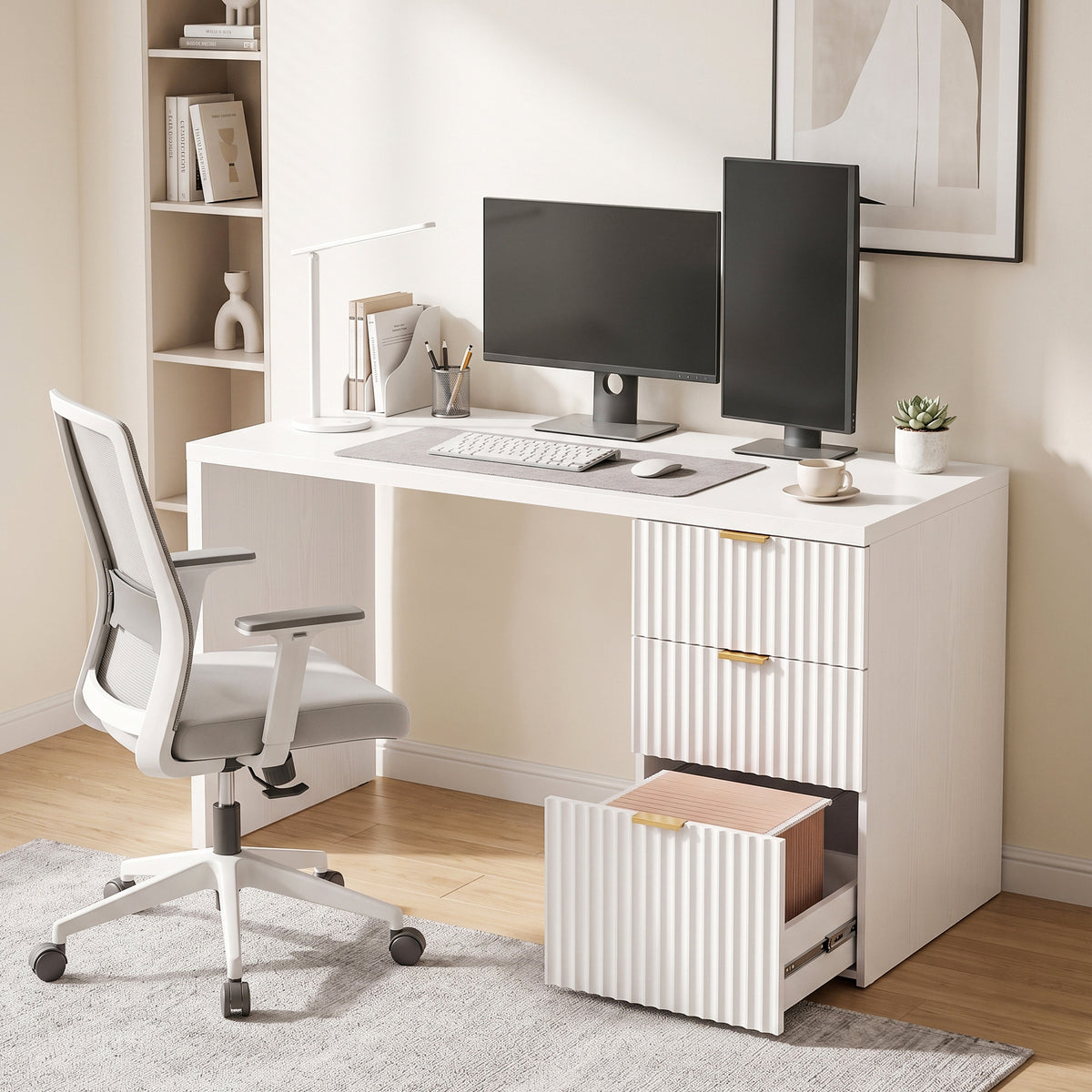 HOMCOM Computer Desk with 3 Drawers Reversible Home Office Desk 120 cm, White