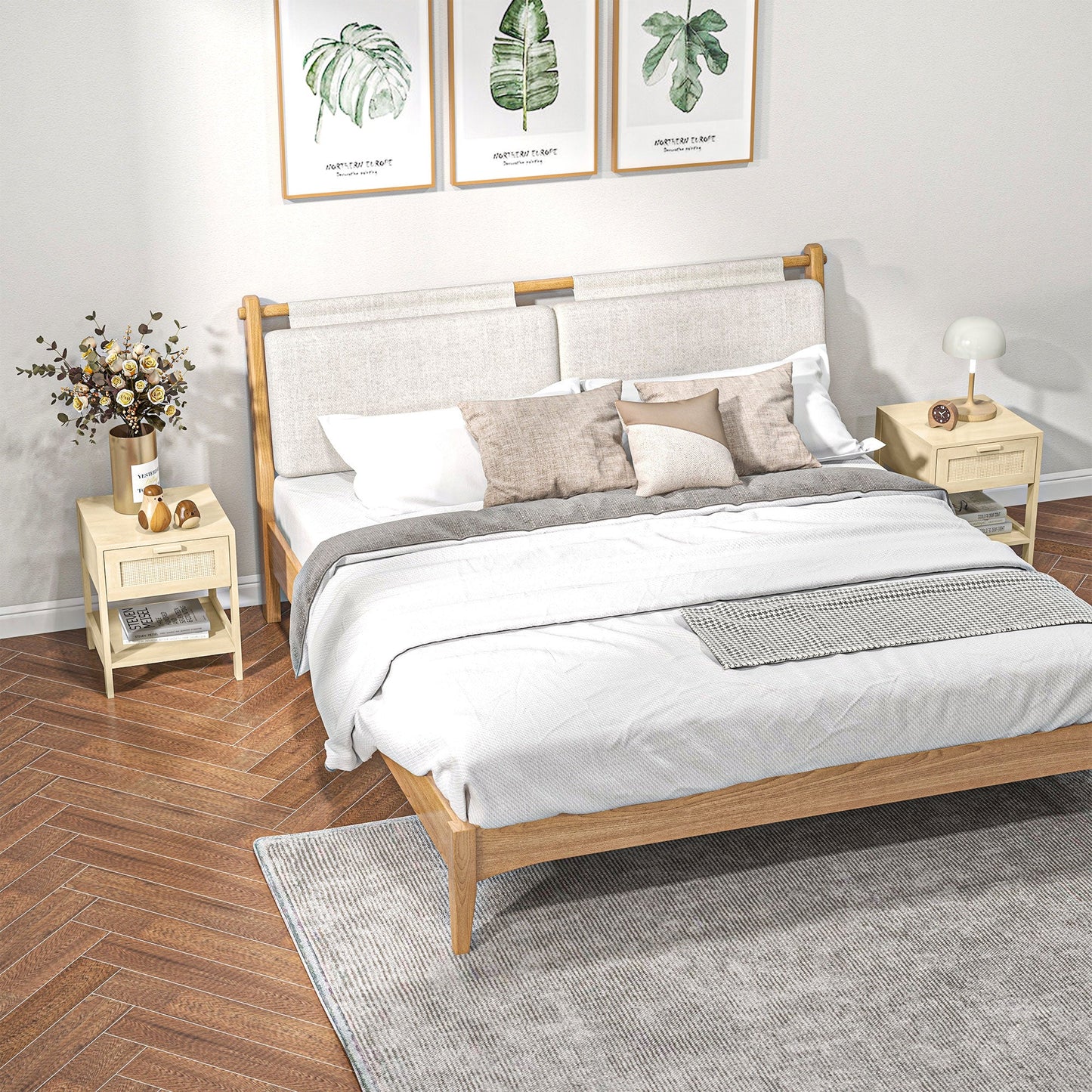 طاولة بجانب السرير من HOMCOM، طاولة بجانب السرير مع درج من الخيزران ورف تخزين مفتوح، طاولة جانبية ريفية لغرفة النوم وغرفة المعيشة، مجموعة من قطعتين