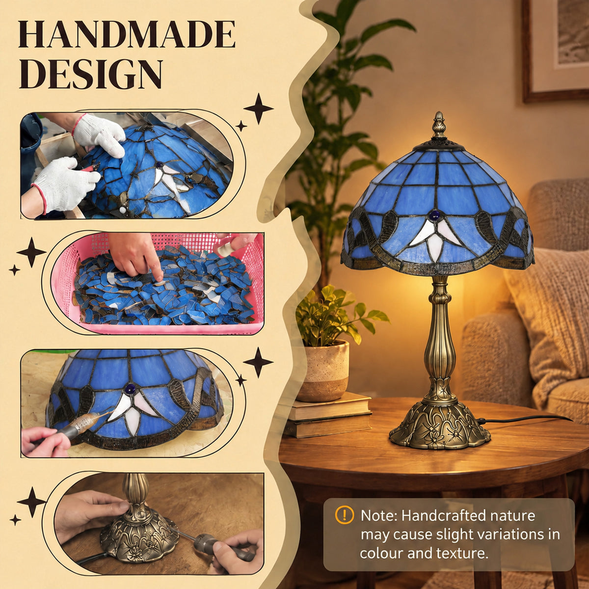HOMCOM Tiffany Stained Glass Table Lamp, Handmade Antique Bedside Lamp for Bedroom, Living Room, Nightstand, Purple