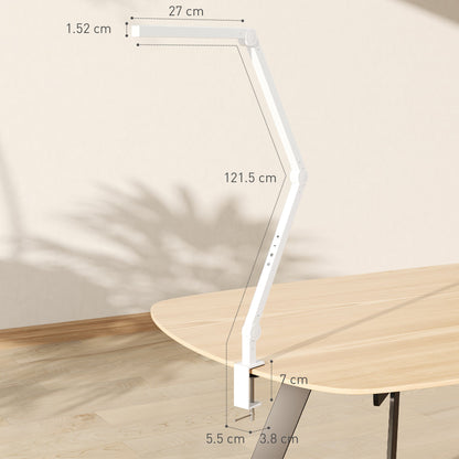 HOMCOM LED Desk Lamp, Dimmable Desk Light with Swing Arm and Clamp, Adjustable Eye-Caring Table Lamp with 2 Colour Modes & 5 Brightness Levels for Study, Drawing, Office, Architect, Task, White