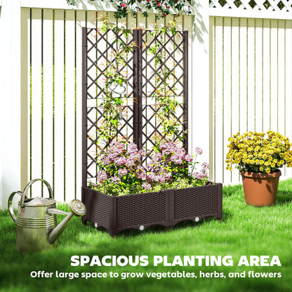 Outsunny Raised Garden Bed with Trellis, Plastic Planter Box with Drainage Holes and Drain Plugs for Climbing Plants, Vegetables, Flowers, Brown