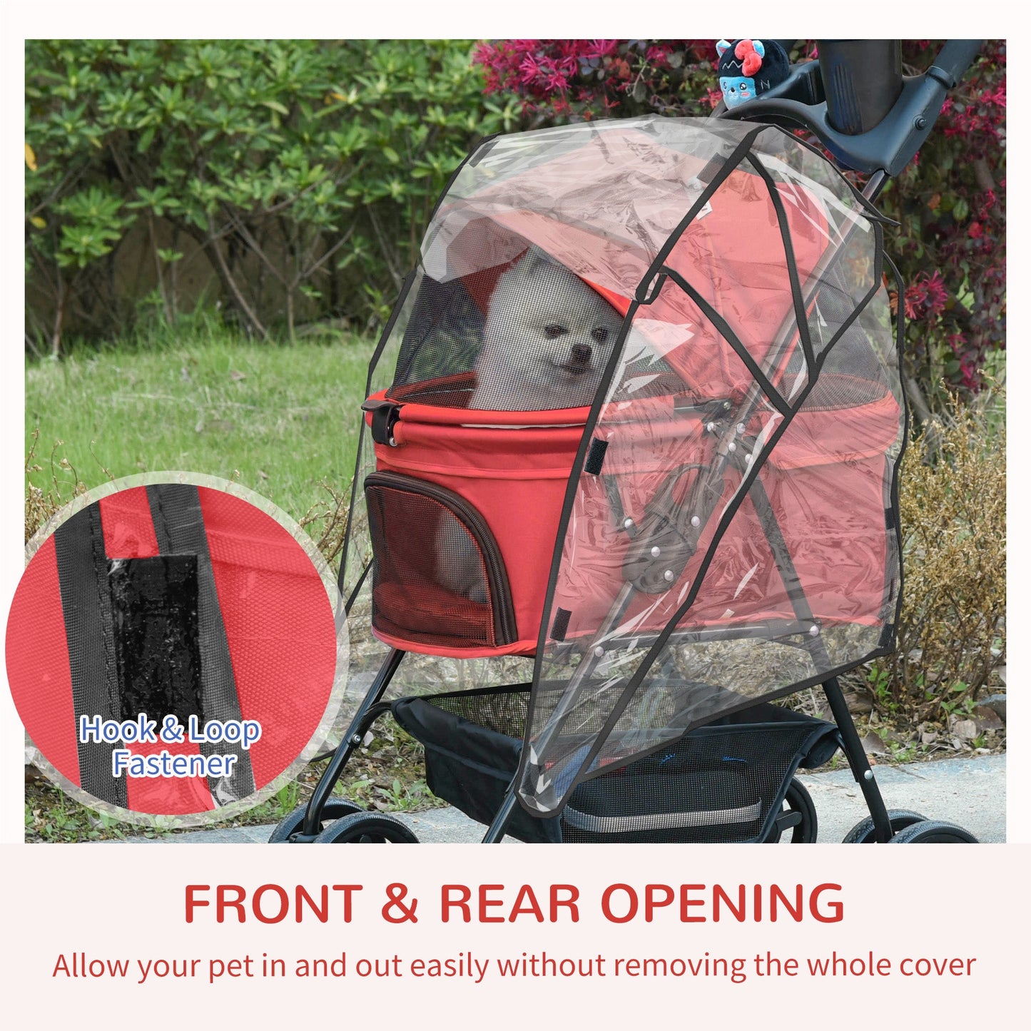 PawHut Dog Stroller with Rain Cover, Dog Pushchair One-Click Fold Trolley Jogger with EVA Wheels Brake Basket Adjustable Canopy Safety Leash for Small Dogs, Red