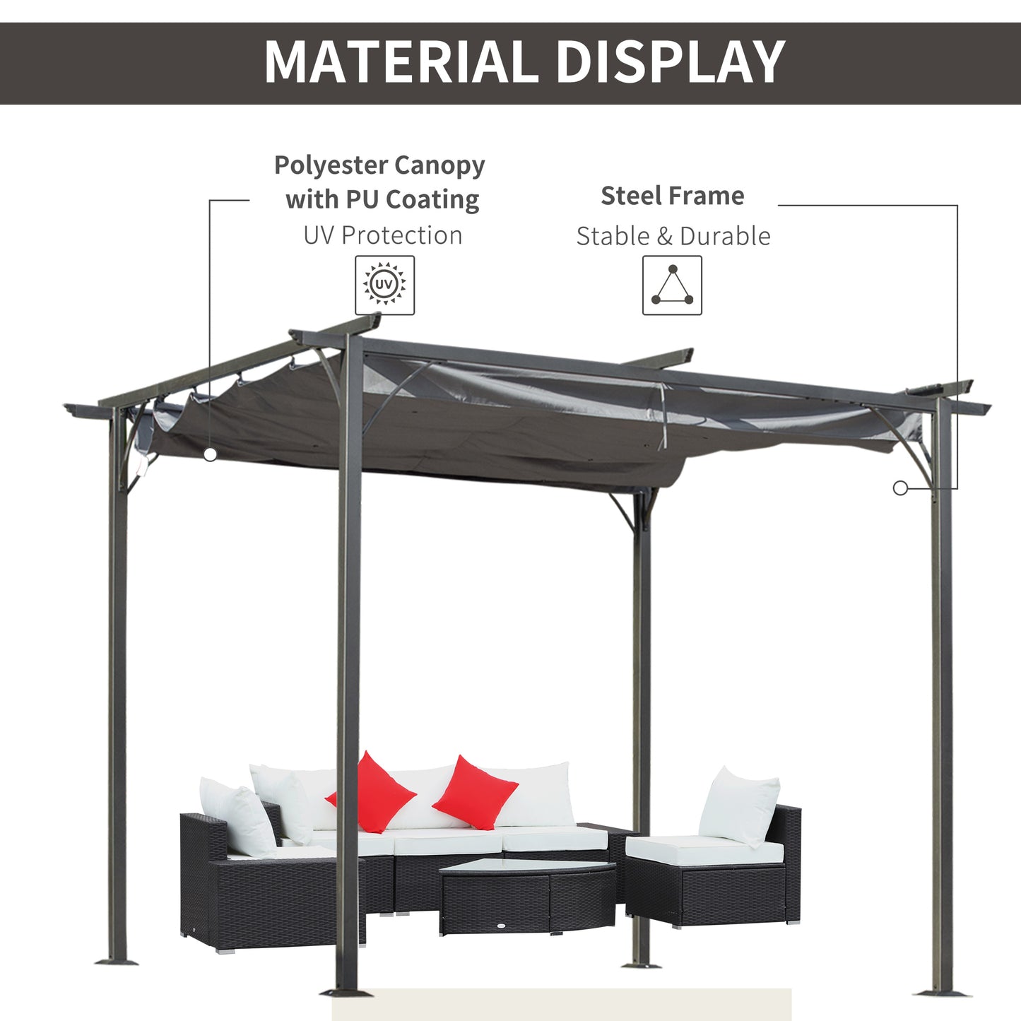 Metalowa pergola Outsunny 3 x 3(m) z rozsuwanym dachem, zadaszenie altanki ogrodowej z metalu. Zewnętrzna osłona przeciwsłoneczna na imprezę grillową, szara.