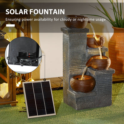 Solar Powered Garden Water Feature With LED Lights And Pump, 4 Tier Water Fountain, Indoor/Outdoor, Bowls Waterfall Ornament, 58cm Height