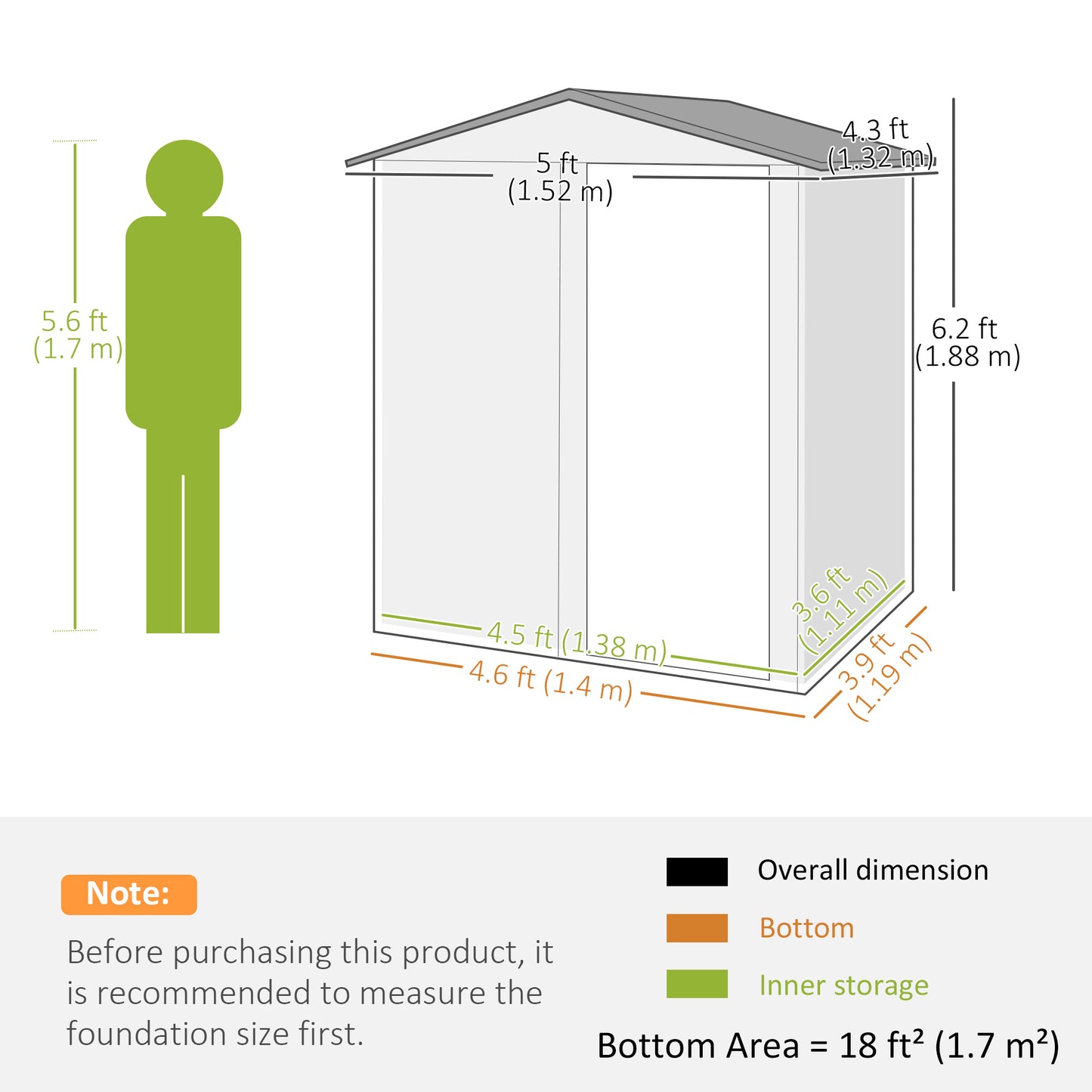 Outsunny 4.3 x 5ft Outdoor Garden Storage Shed - Szary efekt drewna