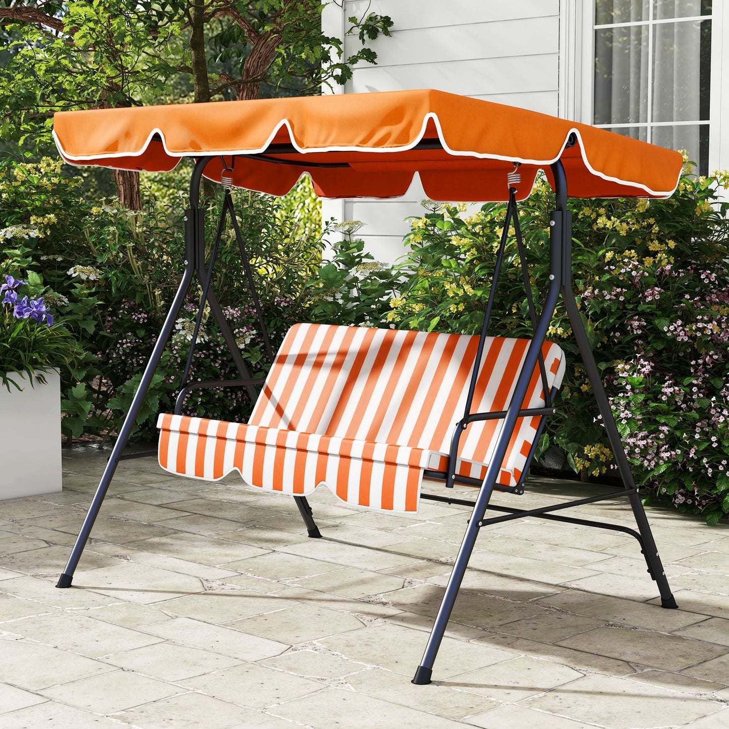 Outsunny 3 Seater Canopy Swing Chair Garden Rocking Bench Heavy Duty Patio Metal Seat w/ Top Roof - Orange