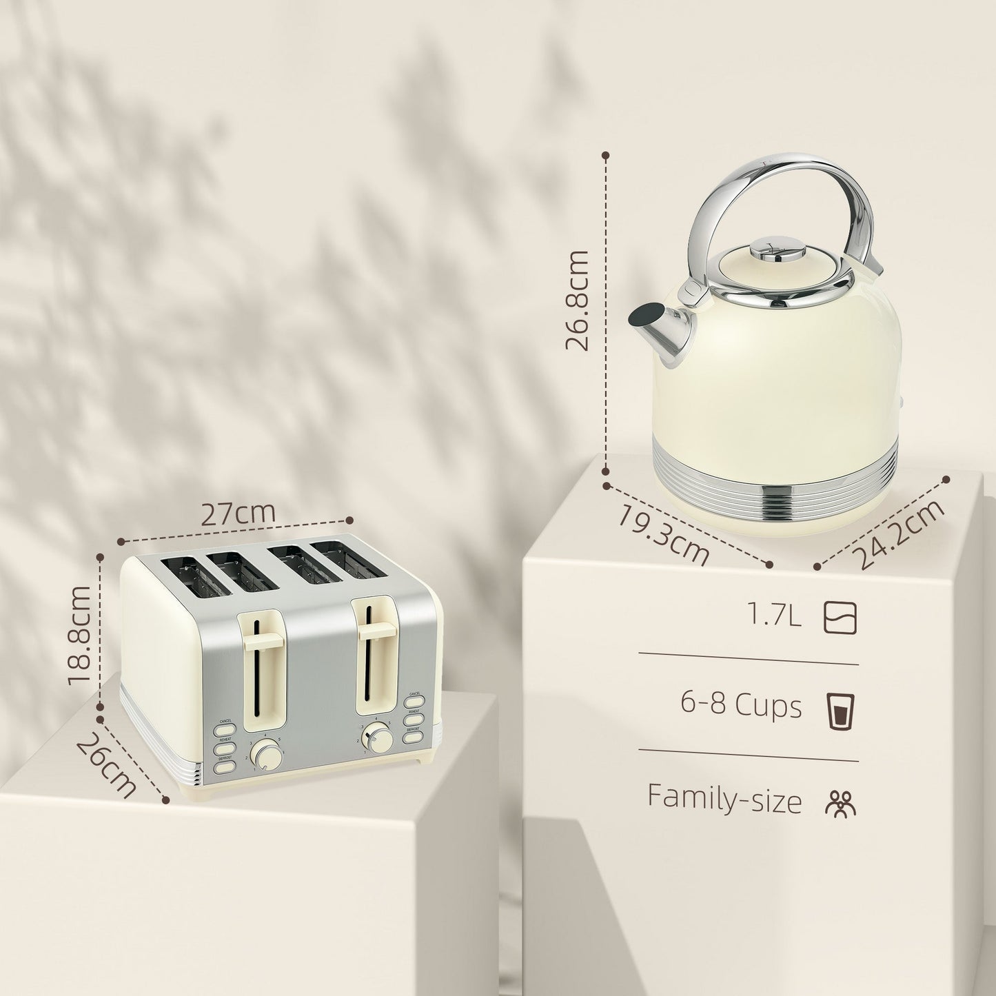 HOMCOM Polished Stainless Steel Kettle and Toaster Set - Cream