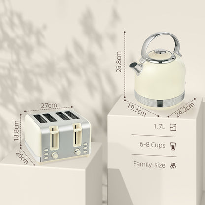 HOMCOM Polished Stainless Steel Kettle and Toaster Set - Cream