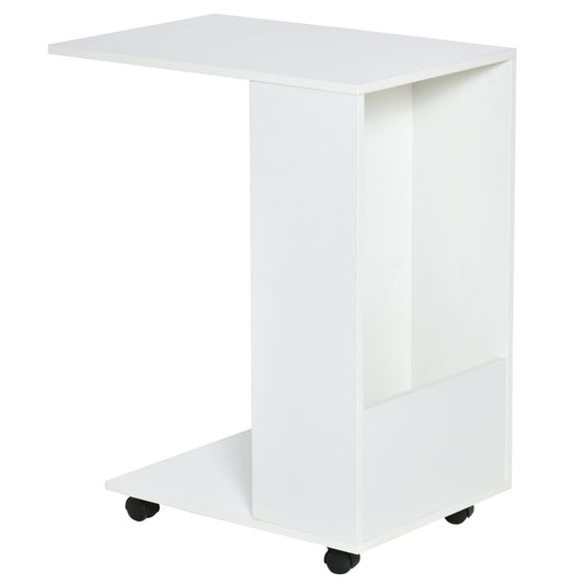 HOMCOM Mobile Sofa Side Table C-Shape End Table with Storage and Casters for Laptop Coffee Snack, White