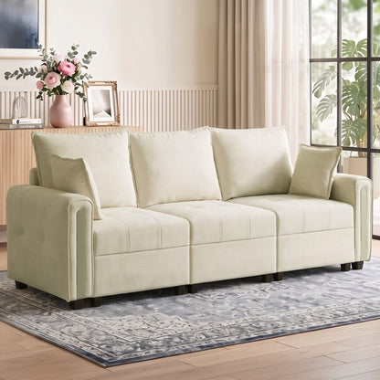 HOMCOM 3 Seater Sofa with Lift-Up Storage, 228cm Comfy Velvet Couch with Wide Deep Seat, Beige