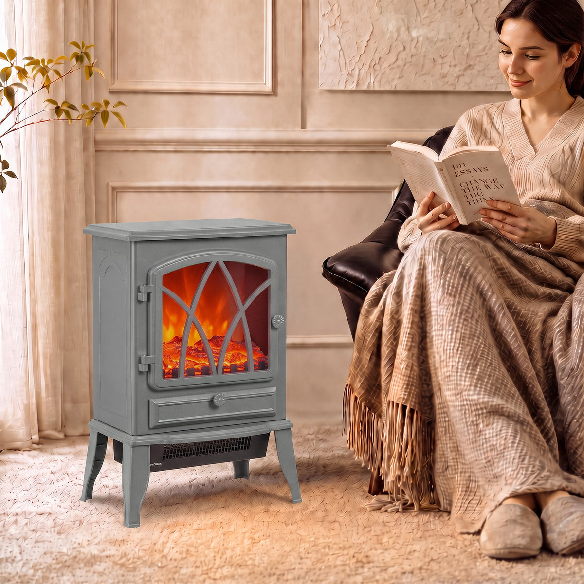 HOMCOM 1kW-2kW Vintage Electric Fireplace Heater - Grey