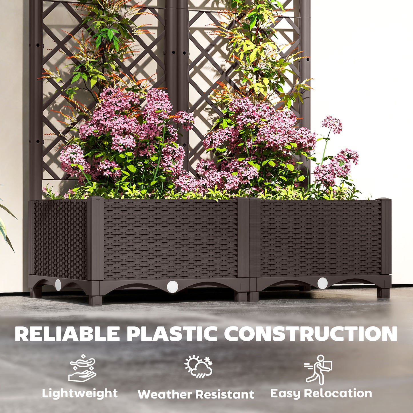 Outsunny Raised Garden Bed with Trellis, Plastic Planter Box with Drainage Holes and Drain Plugs for Climbing Plants, Vegetables, Flowers, Brown