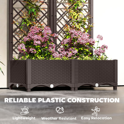 Outsunny Raised Garden Bed with Trellis, Plastic Planter Box with Drainage Holes and Drain Plugs for Climbing Plants, Vegetables, Flowers, Brown