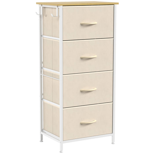 HOMCOM Chest of Drawers with 4 Fabric Drawers, Tall Storage Unit with 2 Hooks and Steel Frame for Bedroom, Beige
