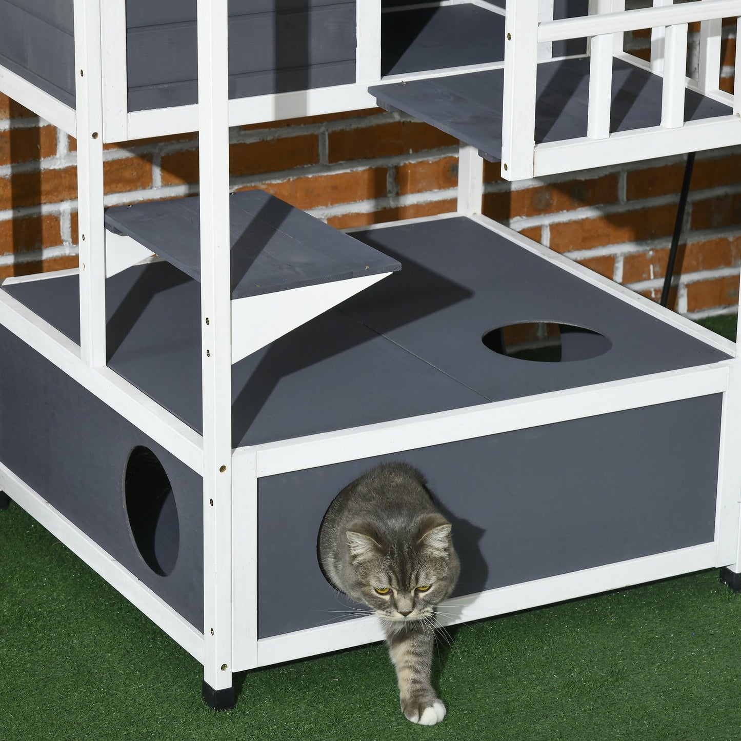 PawHut Wooden Outdoor Cat House 3-Tier for Winter Kitten Shelter Lodge w/ Tilted Roof Terrace Jump Step Bottom Tray Elevated Base Waterproof Paint Grey