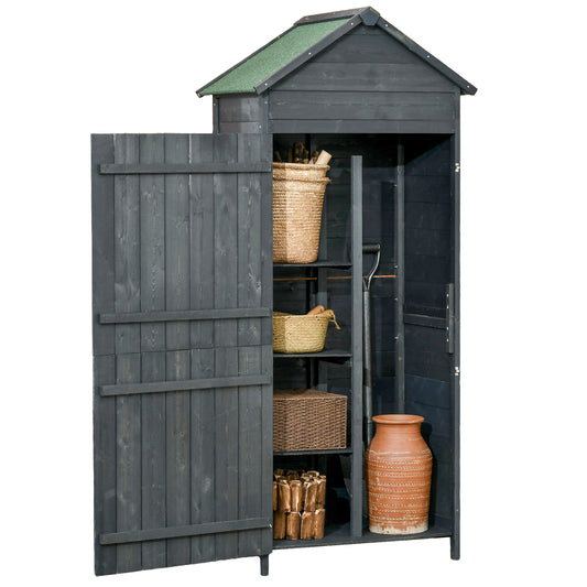 Outsunny Garden Shed 4-poziomowy drewniany domek ogrodowy na zewnątrz 3 półki szafka ogrodowa zamykana na klucz 2 drzwi - szary