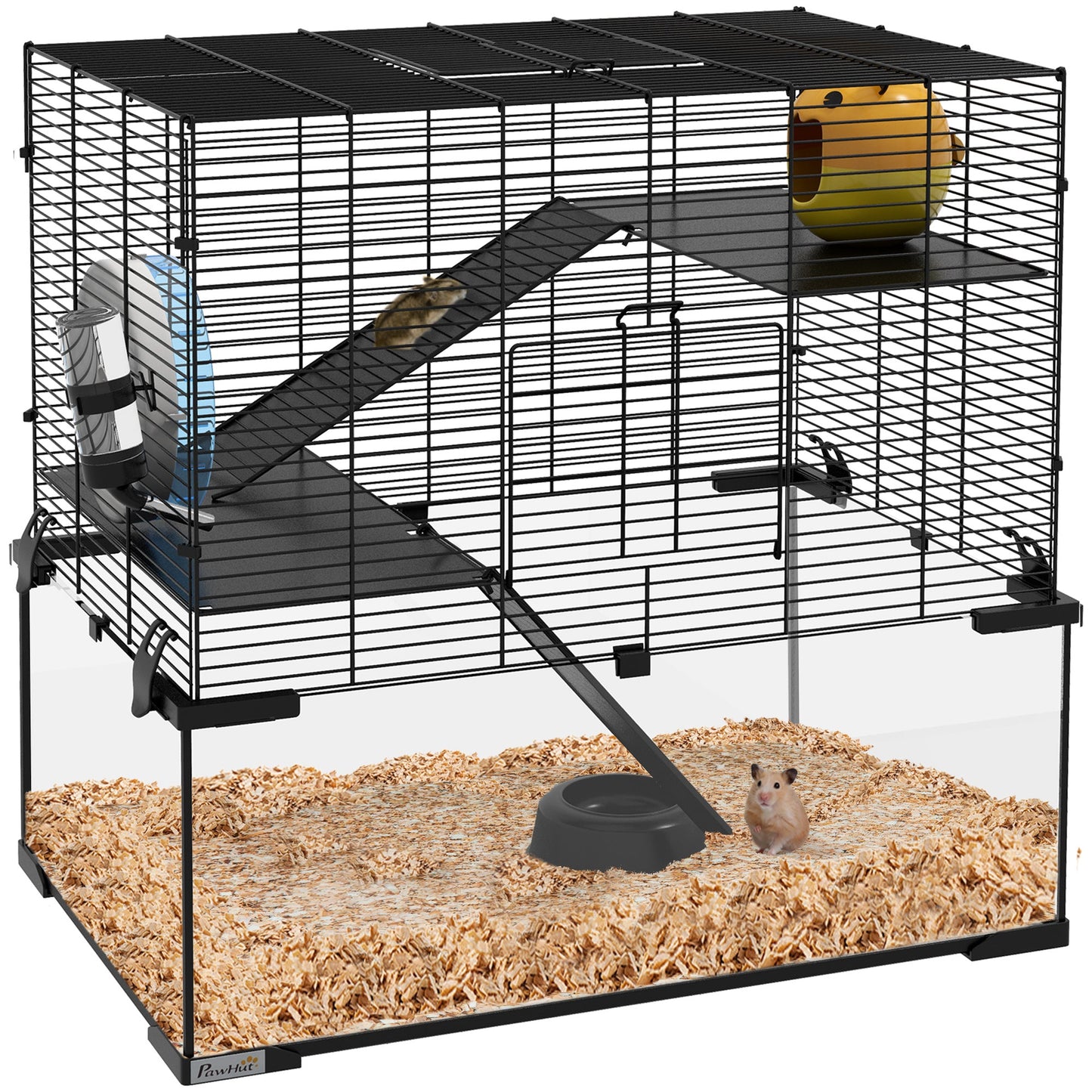 PawHut 3 Tiers Hamster Cage, Gerbil Cage with Deep Glass Bottom, Non-Slip Ramps, Platforms, Hut, Exercise Wheels, Water Bottle, Dish, for Syrian Hamster, Dwarf Hamster, 60 x 40 x 57cm