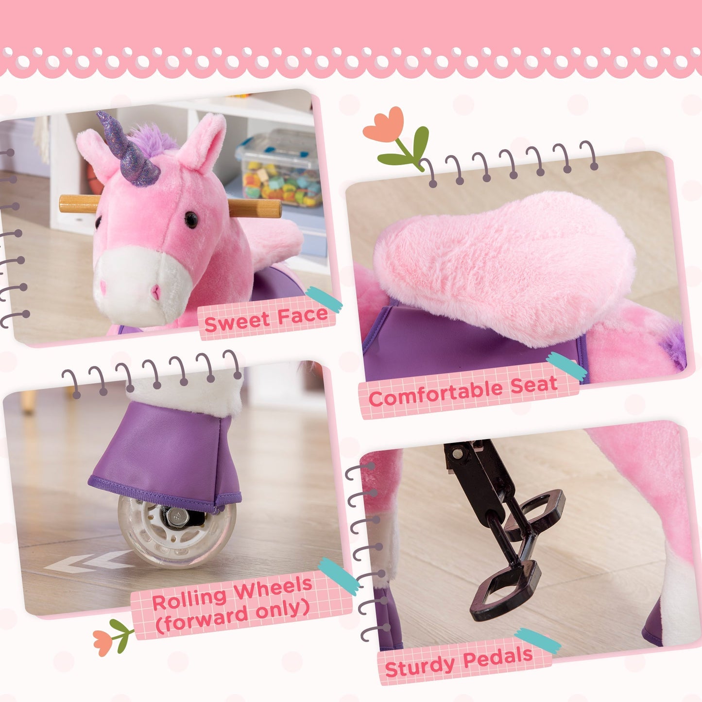 Ride On Unicorn Walking Horse Toy with Wheels Mechanical Rocking Pony Gift for 3-6 Years Girls Boys Pink