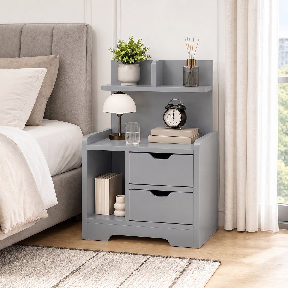 HOMCOM Bedside Table, Small Bedside Cabinet with 2 Drawers and Storage Shelves, Modern Nightstand for Bedroom, Grey