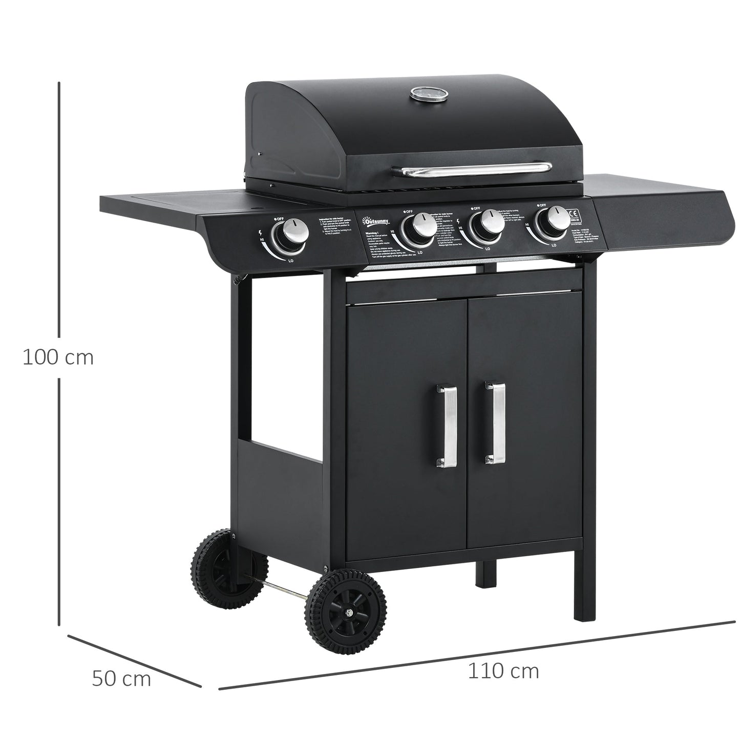 Outsunny Gas Burner Barbecue Grill 3+1 Burner Garden BBQ Trolley w/ Side Burner Warming Rack Side Shelves Storage Cabinet Piezo Ignition Thermometer 110x50x100cm