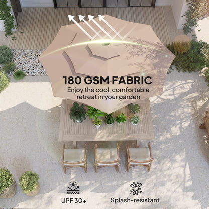 Parasol ogrodowy Outsunny 3-poziomowy z lampami solarnymi LED, UPF 30+, mechanizmem pochylania i korbą, do tarasu targowego, kolor khaki