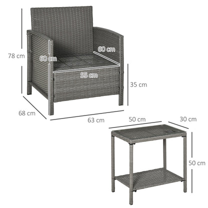 أثاث حديقة Outsunny Rattan مكون من 3 قطع طقم بيسترو للفناء من نسيج الخيزران وكرسي أريكة وطاولة مع وسادة وسادة - رمادي فاتح