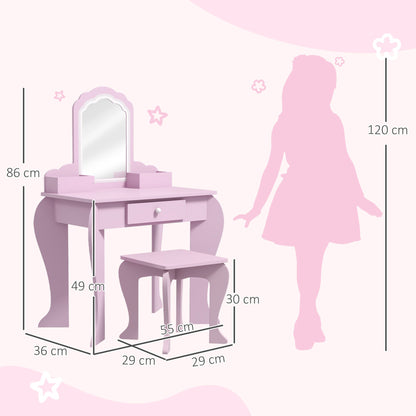 ZONEKIZ Kids Vanity Table with Mirror, Stool, Drawer, Storage Boxes, Cloud Design, for Ages 3-6 Years - Pink