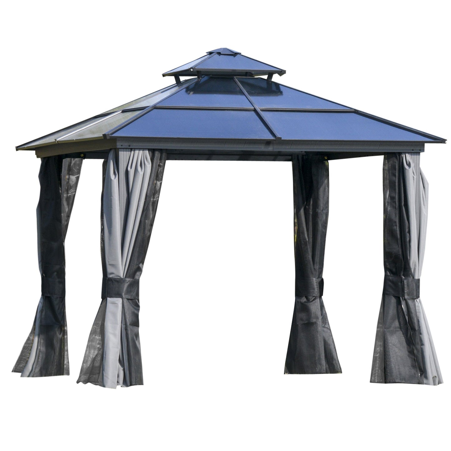 Outsunny 3 x 3(m) Polycarbonate Hardtop Gazebo Canopy with Double-Tier Roof and Aluminium Frame, Garden Pavilion with Mosquito Netting and Curtains