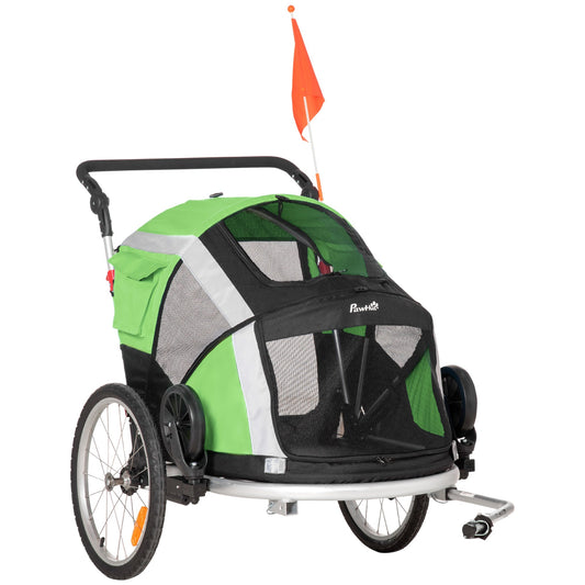 PawHut Dog Bike Trailer 2-in-1 Pet Stroller for Large Dogs Cart Foldable Bicycle Carrier Aluminium Frame with Safety Leash Hitch Coupler Flag Green