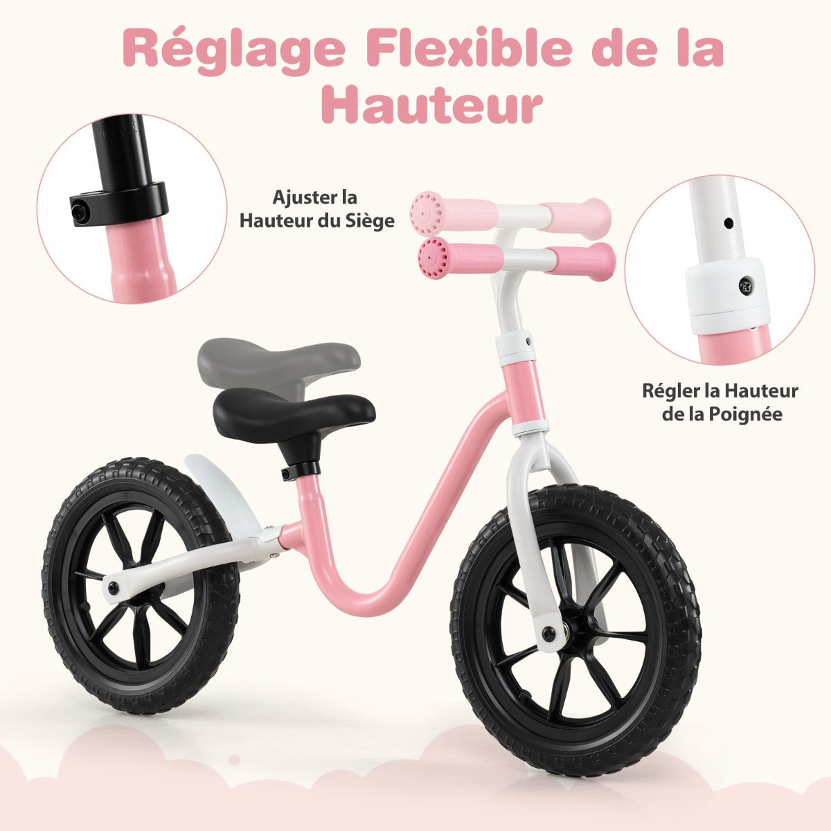 12 Inch Balance Bike No Pedal Training Bicycle with Adjustable Handle and Seat-Pink
