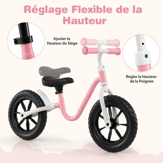 12 Inch Balance Bike No Pedal Training Bicycle with Adjustable Handle and Seat-Pink
