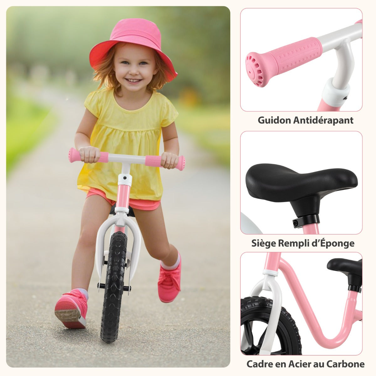 12 Inch Balance Bike No Pedal Training Bicycle with Adjustable Handle and Seat-Pink