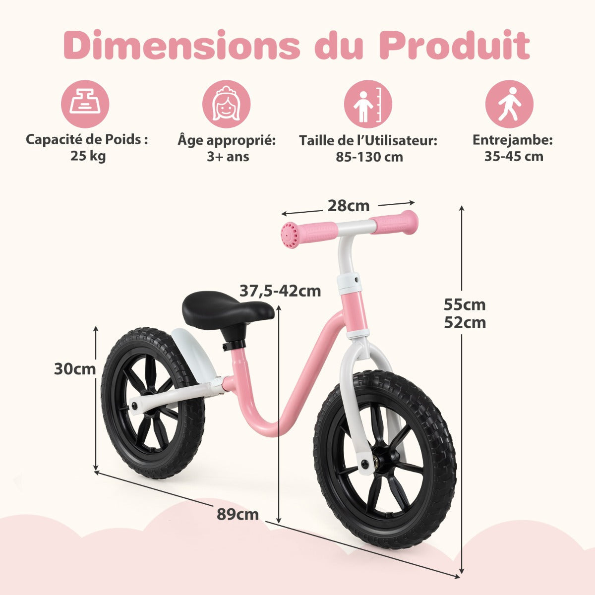 12 Inch Balance Bike No Pedal Training Bicycle with Adjustable Handle and Seat-Pink