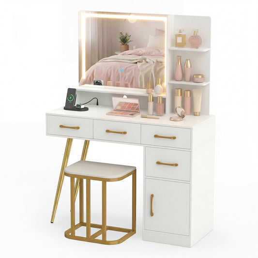 Vanity Desk with Mirror in White