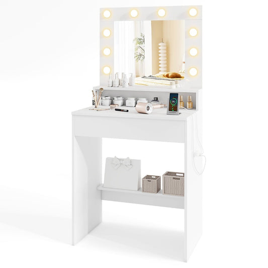 Vanity Desk with Mirror and Lights in White