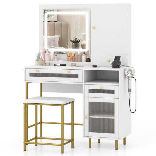 Vanity Set with 2 Fluted Glass Drawers and 1 Ordinary Drawer-White
