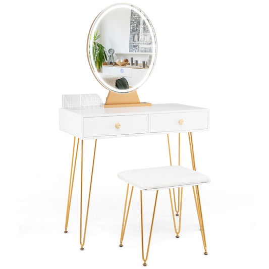Vanity Set with LED Lighted Mirror and Soft Cushioned Stool  for Bedroom-White