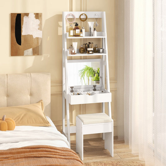 Vanity Desk Set with Flip Top Mirror and Hooks-White