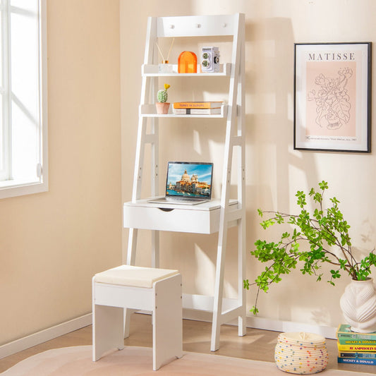 Vanity Desk Set with Flip Top Mirror and Hooks-White