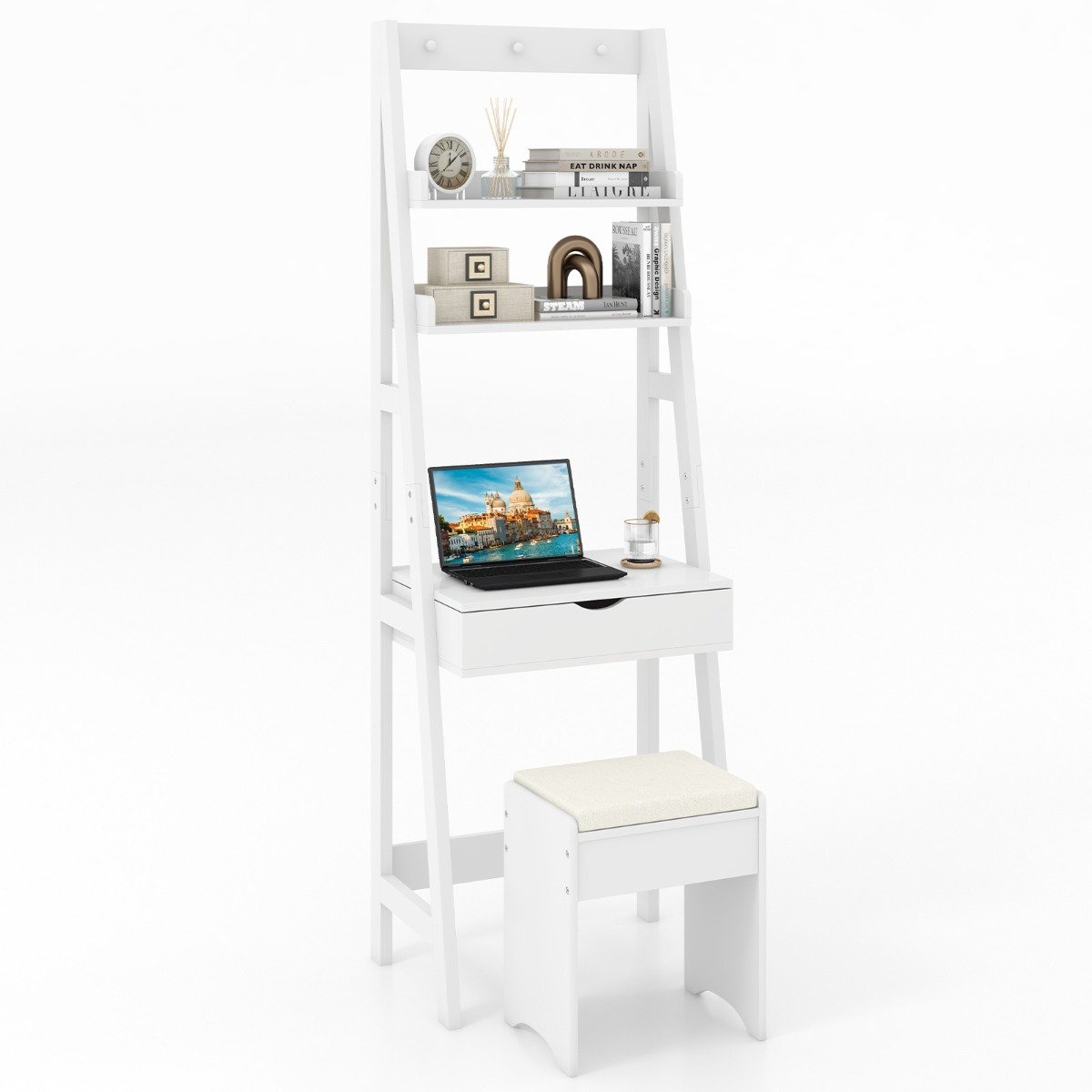 Vanity Desk Set with Flip Top Mirror and Hooks-White