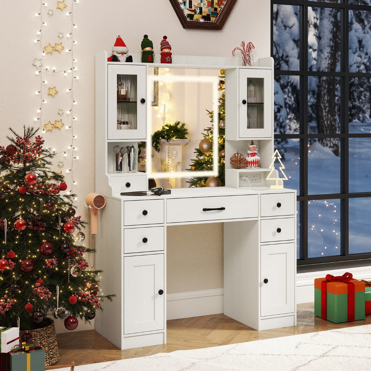 Vanity Desk with Mirror and Lights for Bedroom-White